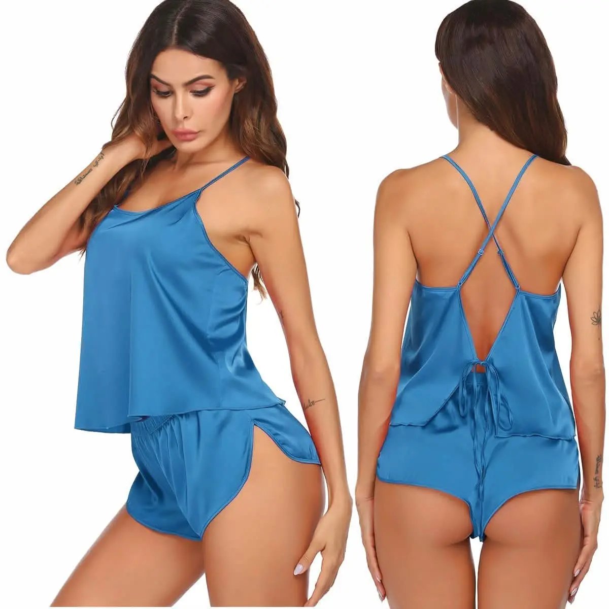 Silk Pajamas Set for Women Satin Backless Lingerie Pjs Cami Top and Shorts Nightwear - Love Salve